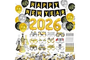 HOWAF Decoration Nouvel An 2026, Ballon Nouvel An 2026, Happy New Year Banderole Bonne Année, Confettis, Chapeau, Lunettes, Souffleurs de Fête pour Deco Jour de l'An, Noir Or