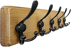 Dseap Coat Rack Wall Mount - Patented, Heavy-Duty, Barnwood-Style Wooden Wall Coat Hanger Hook Rail with 5 Triple Hooks for Winter Coats Hat Jacket Clothing, Weathered Brown & Black