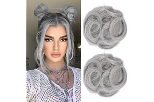 REECHO Space Bun Hair Pieces, 2 PCS Mini Claw Clip in Messy & Cat Ears Fake Hair Bun Extensions Wig Accessory Updo Hairpieces for Women Girls (Pack of 2-3.5" Wavy, Grey/Brown/Silver/White Mixed)