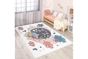 carpet city Tapis pour chambre d'enfant Motif lune – Crème, multicolore – 120 x 160 cm – Tapis pour enfant à poils courts avec nuages, fleurs, étoiles – Poils doux