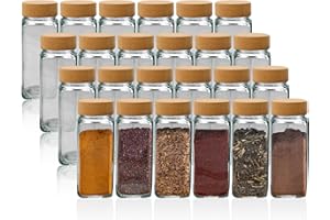 Bewunder Ceylon Set di barattoli per spezie con 24 x 120ml barattoli e coperchi in bambù | Organizza la tua cucina con coperchi a vite, etichette, inserto per spolverare e imbuto in silicone