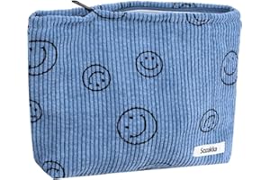 KHDULQ 1 Pièces Sac de Toilette,Trousse de Toilette Velours，Trousses de Maquillage RN Toile，Sac Cosmétique en Velours Côtelé， Adapté pour Ranger Les Trousses de Toilette (Smiley Gris Bleu Clair)