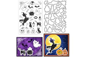 ORIGACH Halloween Themed Clear Stamps and Dies Set for Card Making Halloween Witch Pumpkin Ghost Black Cat Silicone Stamps Cutting Dies for DIY Scrapbooking Craft Greeting Card Decor