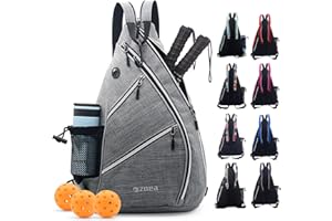 ZOEA Pickleball Bag, Sport Pickleball Sling Bag for Women Man, Adjustable Pickleball Backpack with Fence Hook Water Bottle Holder, Fits 4 Paddles and All Your Other Gear (White Grey)