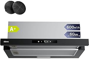 CIARRA CBCB6909A Campana Extractora Telescópica Negra Cocina 60 cm 600 m³ / h Clase A+ 3 Niveles Control Táctil Iluminación LED Filtro de Carbón CBCF055