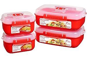 Sistema Heat and Eat Zestaw do kuchenki mikrofalowej, 1,25 l, 525 ml, prostokątne pudełka na lunch z otworami uwalniającymi parę, bez BPA, 4 szt., czerwone