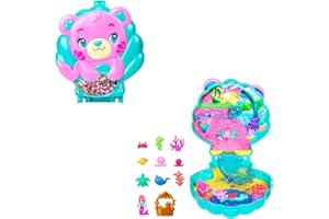 Polly Pocket Isla Purpurina Estuche Conjunto de juego con muñecos, juguete de viaje con una muñequita de sirena, mascotas del océano y accesorios temáticos, JCB16