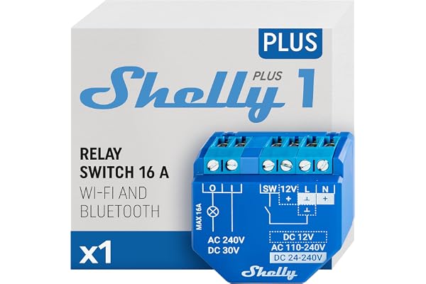 Shelly Plus 1 | Interrupteur/commutateur de relais connecté - 16A | Wi-Fi & Bluetooth | Domotique | Compatible avec Alexa & Google Home | App iOS Android | Aucun hub requis | Télécommande portail