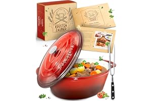 KRUSTENZAUBER Casseruola in ghisa da 33 cm, con coperchio, adatta al forno, con forchetta da carne, pentola smaltata da 6 l, ideale per stufare Kazan, a induzione, ovale, regalo di Natale