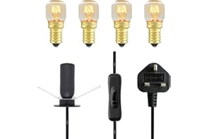SOURCEDIY Salt Lamp Replacement Light Fitting with Button + 4 Units of 15 Watt E14 Incandescent Oven Bulb. Black Power Cord Cable Comes with Certified E14 Bulb Holder, Button and British Standard Plug