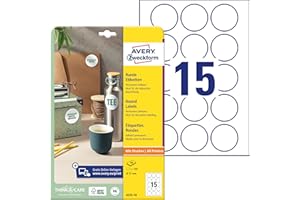 ‎AVERY ZWECKFORM AVERY Zweckform 6225-10 Runde Etiketten (150 Klebepunkte, Ø51mm auf A4, runde Aufkleber zum Bedrucken, selbstklebende Produktetiketten, permanent haftende Marmeladenetiketten) 10 Blatt, weiß