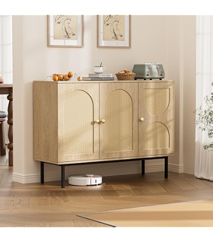 Buffet Salon HOMCOM Effet Rotin - 2 Portes, étagère Réglable, Style Bohème - Rangement Salle à Manger/cuisine 75x38x77 Cm - Bois Naturel, Charge 45 Kg - 3