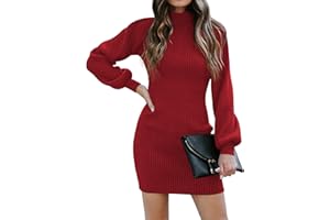 Neitooh Strickkleid Damen Winter Puff Ärmel Rollkragen Minikleid für Damen, Winterkleid Elegant Hohe Elastizität Pulloverkleid Damen Herbst Winter