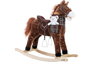 Spielwerk® Rocking Animal Horse with Teddy Including Sound Effect Saddle Bridle Stirrups Plush Swing Rocker Children Baby Toy Balance Training Extra Soft Rocking Horse