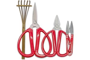 R&R SHOP Bonsai Precision Scissors Kit - Trimming, Bonsai Pruning, Precision and Small Branch and Root Cuts, Bamboo Rake - Set of 4