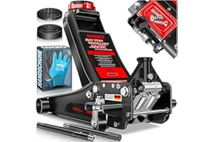 ‎MASKO MASKO® Wagenheber hydraulisch 3T Flache Hubhöhe 85-485mm 3X Gummiauflage KFZ Rangierwagenheber SUV, 360° Rollen, inkl. Handschuhe, Rollen Heber Unterstellbock für tiefergelegt bis hoch