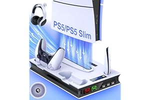 GAMSINGY PS5 Slim Ständer mit PS5 Lüfter, PS5 Standfuß für PS5/PS5 Slim Disc/Digital Edition, PS5 Zubehör PS5 Headset Halterung/PS5 Controller Ladestation/PS5 Fernbedienung Solt/3 USB Hub