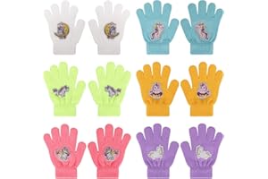 QKURT 6 Paio Guanti Invernali in Maglia per Bambini,Guanti a Dita Intere Guanti Caldi per Bambine,Guanti da Esterno Magici per Ragazzi e Ragazze con Dinosauro/Escavatore