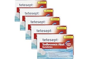 ‎TETESEPT tetesept Sodbrennen Akut Kautabletten mit frischem Minzgeschmack, zuckerfrei – schnell wirkende Magentabletten gegen Sodbrennen – 5 Packungen à 20 Tabletten