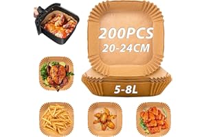 Sungoup Papel Freidora Aire 20-24 cm, 200 Piezas Papel para Freidora de Aire Impermeable a Prueba de Aceite, Papel Air Fryer Cuadrado de 5 a 8 litros Airfryer, Compatible con COSORI 5,5L/Cecotec 6L