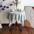 Rustic Stripe Embroidered Tablecloth Heavy Small Square Tassel Cotton Linen Table Cloth Wrinkle Free Washable Table Cover for End Bedside Coffee Teapoy Table Tea Trolley Grey 24x24 Inch