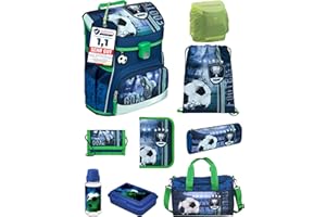 Familando Jungen Schulranzen 1. Klasse · Scooli Campus Fit Schultasche · ergonomisch & leicht · Schulranzen Set für Jungs und Mädchen (9-teiliges Set mit Sporttasche, Fußball Blau)