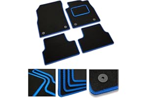DB Bespoke - Tailored Car Mats - Compatible with Ford Fiesta 2011-2017 - Black Carpet - Non-Slip Carpet Mat - 4 pc Complete Car Floor Mats with 1 clips - Black with Blue Trim