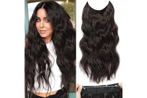 BUPPLER Halo Hair Extensions 20 Inch Invisible Wire Hair Extensions Adjustable Long Wavy Hairpiece Synthetic Upgrade 4 Secure Clips in Hairpieces 20 Inch,Black Brown