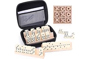 GINGHOWEN Domino Spiel und Tic Tac Toe Spiele Set, 28 Steine Dominos mit 4 Holzhaltern, Holz Tic Tac Toe klassisches Brettspiel, tragbares Reisespiel mit Aufbewahrungskoffer