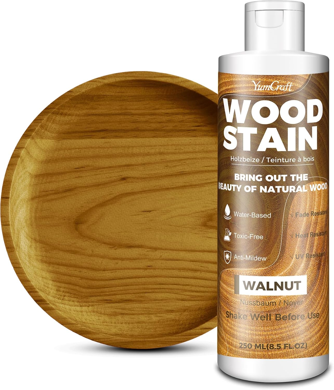 Tinte Para Madera 250ml Nogal, Barniz para Madera a Base de Agua, para Muebles Interior Exterior, Armarios, Gabinetes, Estantes y Puertas, Secado Rápido, Bajo Olor y No Tóxico