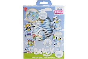 Tomy Toomies Bluey Puzzle do kąpieli - Mix and Match Bluey Puzzle - piankowe zabawki do kąpieli dla maluchów - zawiera siatkową torbę do przechowywania zabawek kąpielowych z przyssawkami - 8 sztuk -