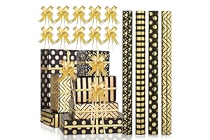 AhfuLife 4 Rouleaux Papier Cadeau Noir et Or, 43cm×3M Papier Cadeau pour Emballage Cadeaux de Mariage, Anniversaire, Saint Valentin, Papier Cadeaux Noël Recyclable avec Ruban Points d'or Rayure Étoile