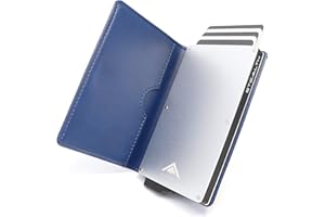 Stealth Wallet Porte Carte Bancaire RFID pour Homme - Porte-Cartes De Crédit avec Mécanisme Pop Up et Boîte Cadeau - Portefeuilles de Crédit Aluminium Minces (Aluminium Argent, Cuir Bleu)