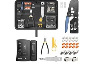 FGB zestaw narzędzi sieciowych, narzędzie do zaciskania z 10 wtyczkami RJ45 CAT7 Pass-Through, 4 x wtyc RJ45, 2 x złącze RJ45, LSA, szczypce do ściągania izolacji, tester sieci
