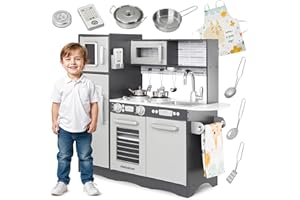 Mamabrum Cocinita de Juguete con LED para Niños - Set Accesorios Cocina Juguetes con Horno, Microondas y 2 Fogones - Comida de Juguete para Cocinita - Gris Natural, 82x60x30cm
