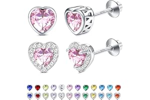 Adramata 2 Pares Pendientes de Plata de Ley 925 para Mujer, Pendientes de Piedra Natal, Pendientes Hipoalergénicos para Niñas Niños Corazón Pendientes Brillantes Regalos de Piedra Natal Joyería