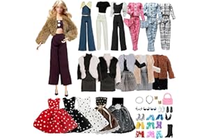 CARREUTY 21 vêtements classiques pour poupée compatibles avec Barbie, super modèle marron - Ensemble gilet en peluche - Ensemble jeans - Robe à paillettes - 6 chaussures - 6 accessoires pour poupées de 11,5"