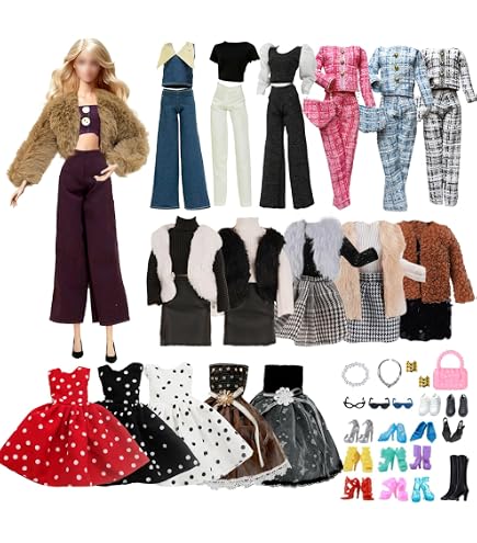 Lot De 41 Pièces De Vêtements Et Accessoires Pour Poupées – 10 Robes, 10 Chaussures, 21 Accessoires – Compatible Barbie 11,5″ – Coton, Styles Variés