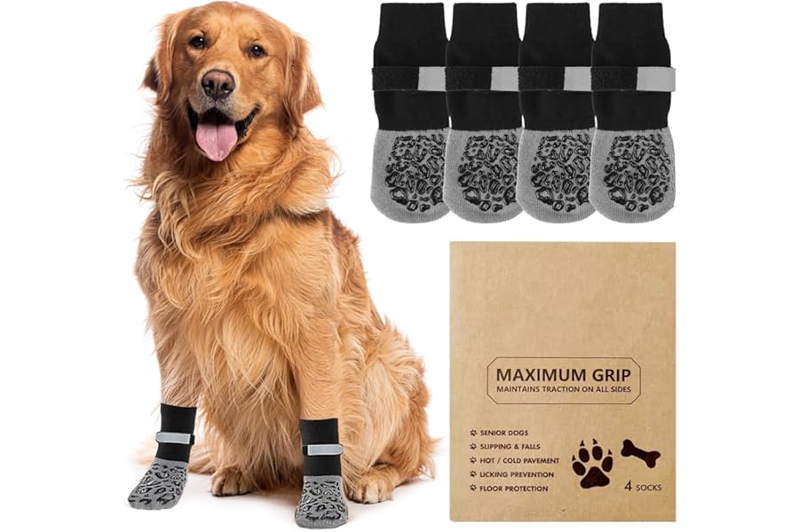 Anti Slip Dog Socks Paws Stop Licking, 2 Pairs Dog Boots Protector Socks with Adjustable Strap, Breathable Cotton Dogs Boot Shoes, Protect Injured Paws, Ideal for Indoor Outdoor Hardwood Tile Floors