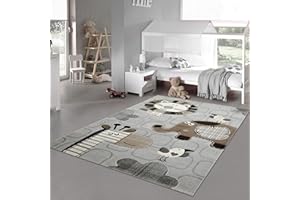 Teppich-Traum Alfombra Infantil de Juego para Niños Animales del Zoo León Elefantes Párajos Jirafa Gris marrón Crema - Muy Resistente Größe 140x200 cm