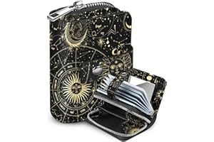 Hautebella Credit Card Holder Wallet for Women Cute Small for Ladies Teen Girls Female RFID Leather Cardholder Wallets Organizer Purse Sun and Moon Star Girly Aesthetic Print Unique Zipper