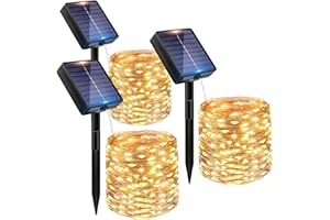 Peasur Guirnaldas Luces Exterior Solar - 3 Pack 12+2M/120LED Luces Solares LED Exterior Jardin Luz Navidad Exteriors Solares Luz Solar Exteriors Jardin Cadena para Exteriores Decoracion Arbol, Cálido