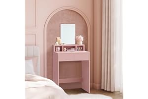 VASAGLE KAILYN Collezione - Toeletta con Specchio Grande, Postazione Trucco con 2 Cassetti e 3 Scomparti, Tavolo da Trucco, Stile Moderno, Rosa Pastello RDT103R01