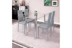 JEFFORDOUTLET Dining Table and Chairs, Kitchen Glass Rectangle Table with Set of 4 High Back Grey PU Leather Chairs,Dining Room Set Furniture