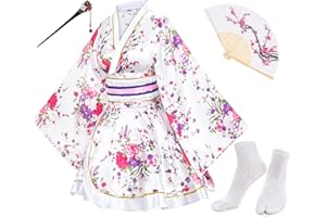 Elibelle Japanese Anime Women's Dance Kimono Robe Fancy Dress Hand Held Silk Folding Fans Tabi Hairstick Socks set