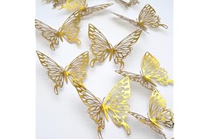 CAYUDEN 3D Schmetterlinge Wanddeko - 24 Stück in 3 Größen, Gold - Schmetterlinge zum Aufkleben für Wand, Zimmer, Hochzeit & Party Dekoration