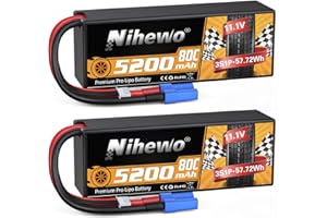 2Packs 3S Lipo Batterie Pack, Nihewo 11.1V RC Batterie 5200mAh 80C Hard Case Lipo Batteries EC5 connecteur Compatible avec Arrma 1/8 et 1/10 RC Voiture Camion Truggy véhicules citerne modèles d’Avion