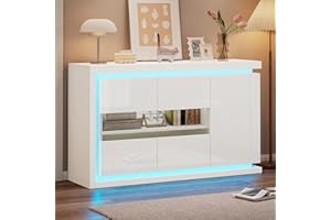 ‎MERAX Merax Sideboard in Hochglanz Weiß, Moderne Kommode Aufbewahrungsschrank mit LED-Beleuchtung, Küchenschrank Buffetschrank mit 3 Türen, Einzigartige Glastür, Mehrzweckschrank für Esszimmer, Wohnzimmer