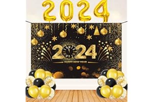 WLKQY Silvester Deko 2024 Neujahrs Banner, Schwarz Gold Extra Große 2024 Happy New Year Banner Stoff Foto Hintergrund 2024 Folienballon Konfetti Luftballon Neujahr Deko 2024 Silvesterparty, 185x110cm