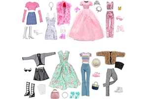 CARREUTY 28 szt. ubrań i akcesoriów, 8 zestawów, stylowe ubrania, sukienka księżniczki, 8 par butów, 12 akcesoriów, torba, kapelusz, okulary, korony, biżuteria, 28 cm, prezenty dla lalek dla dziewcząt